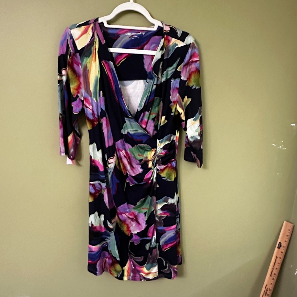 Soft Surroundings Floral Print Wrap‎ Dress 3/4 Sleeve Jersey Stretch Sz M